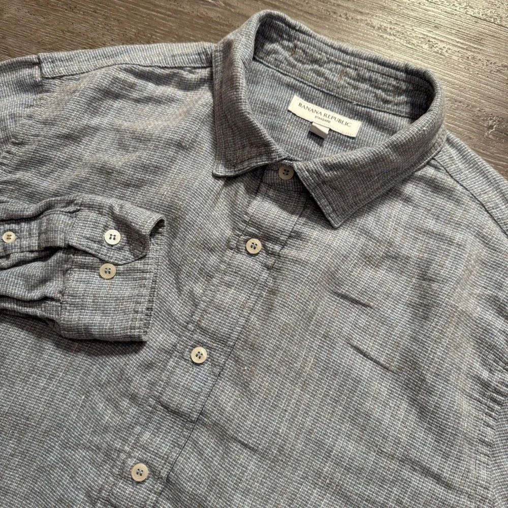 Banana Republic Shirt Mens L Blue Gray Kint 100% Linen Vacation Costal Casual
